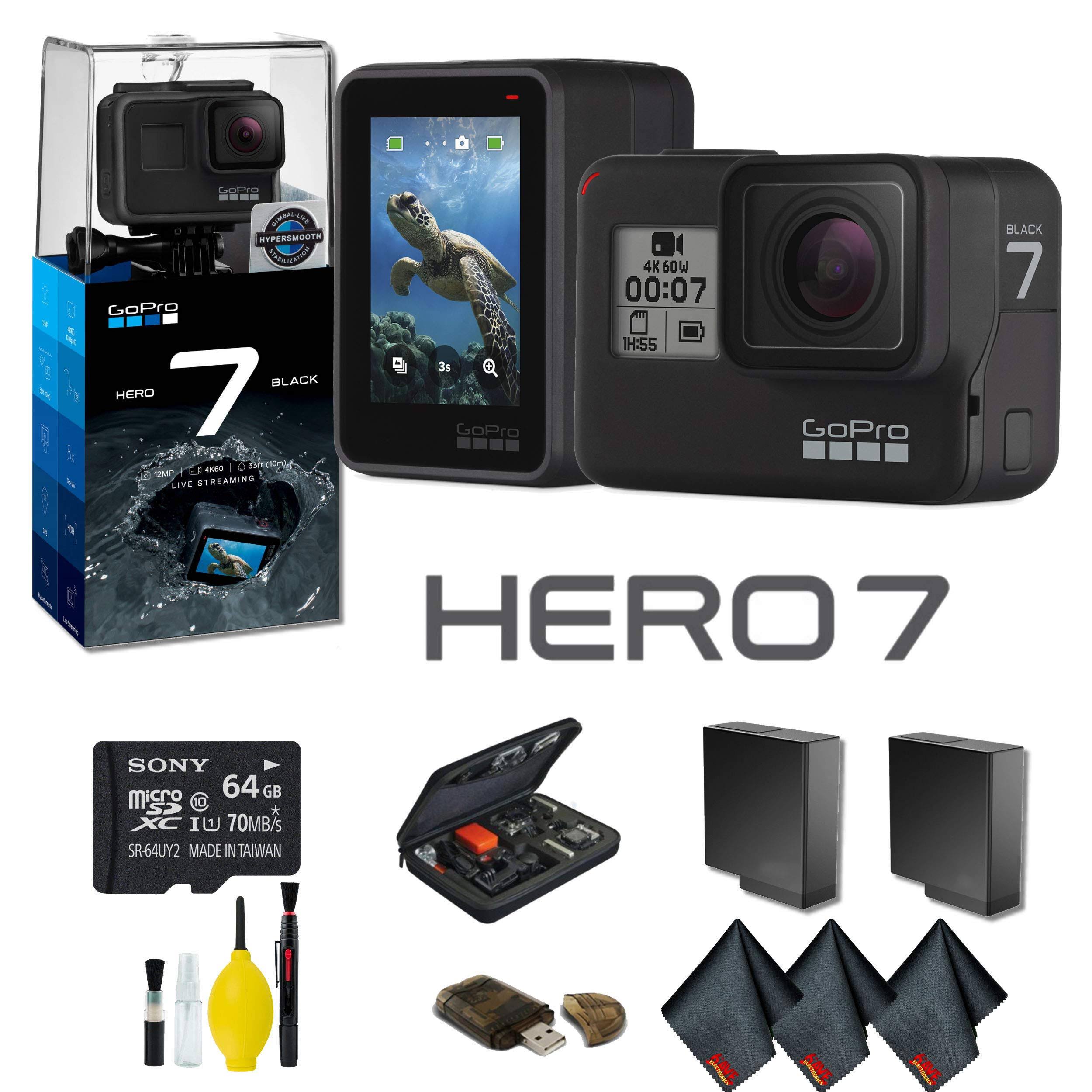 GoPro Hero7 Black Action Camera with Extra battery, External Charger, 64GB Memory Card, Case Plus More - Extra Battery Bundle