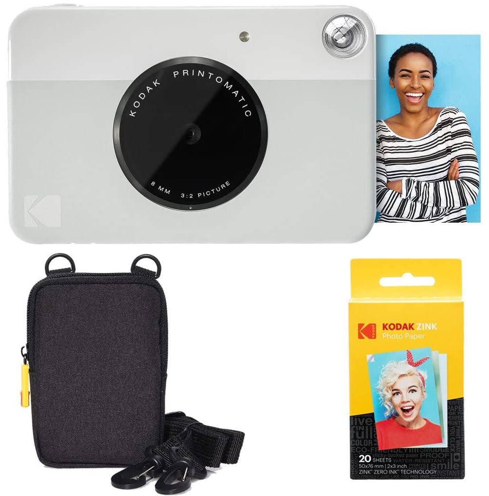 Kodak Printomatic Instant Camera Grey Basic Bundle + Zink Paper 20 Sheets + Deluxe Case + Comfortable Neck Strap