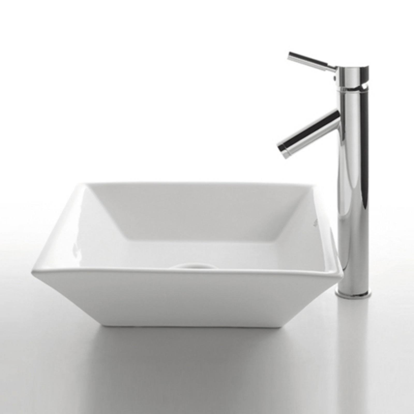 Kraus C-KCV-125-1002SN Flat Square Ceramic Vessel Sink with Sheven Faucet White - Satin Nickel