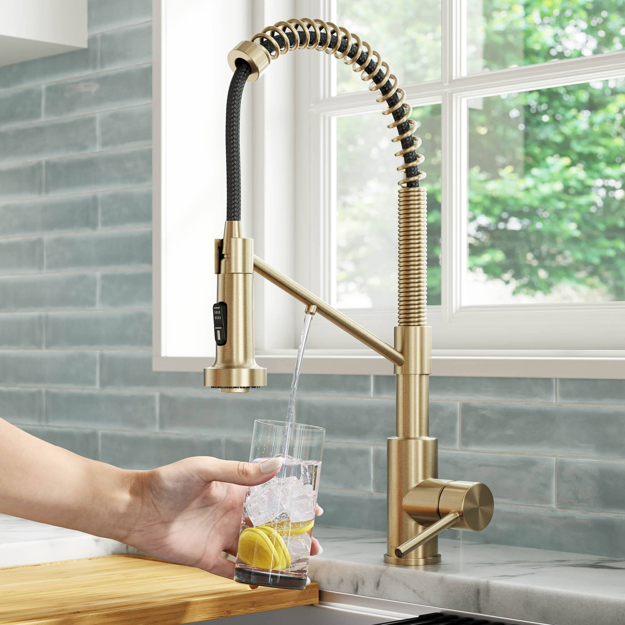 Kraus Bolden 2-in-1 Commercial Style Pull-Down Single Handle Water Filter Kitchen Faucet - Spot Free Antique Champagne Bronze KF