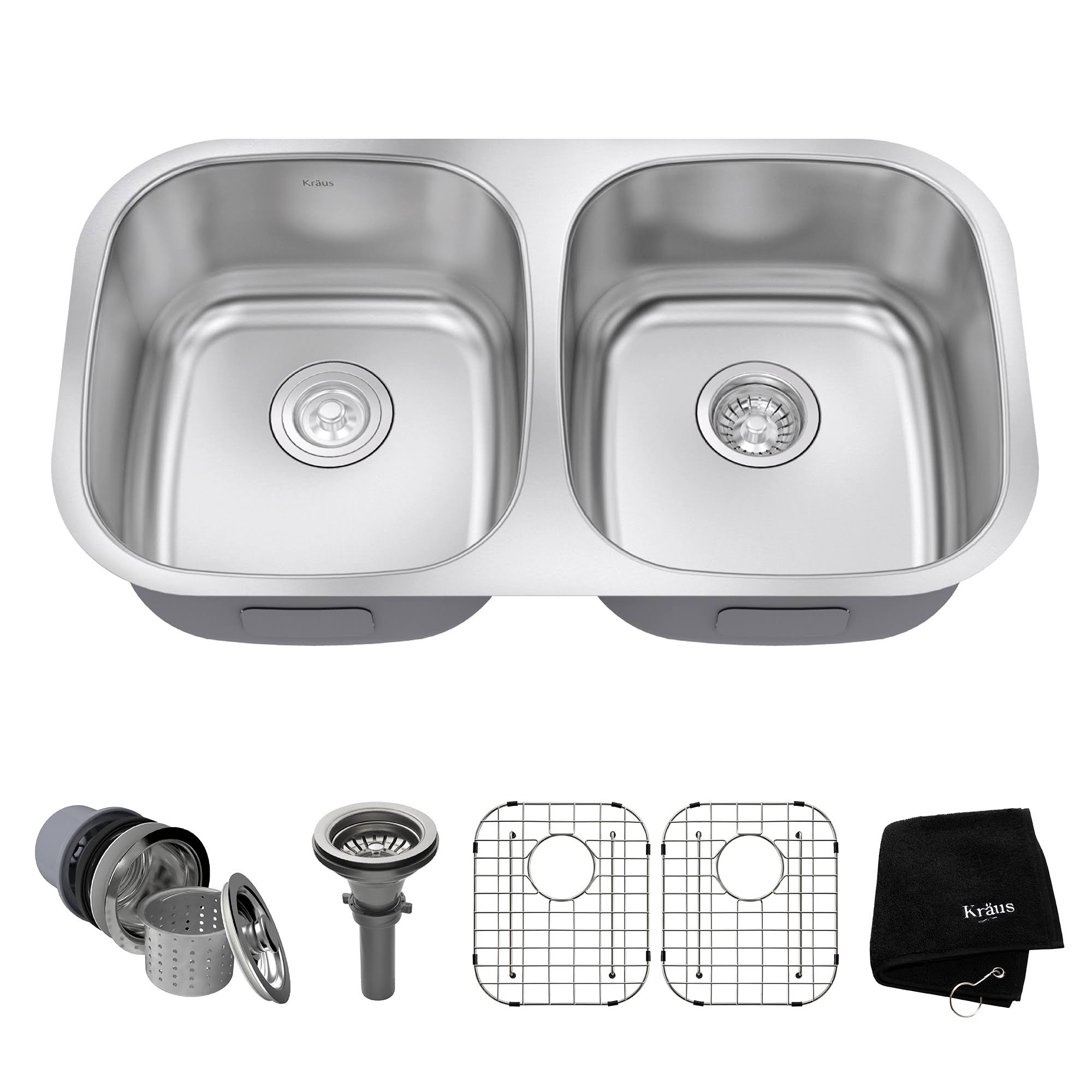 Kraus Premier 16-Gauge Undermount 50/50 Double Bowl Kitchen Sink, Stainless Steel, 32x22