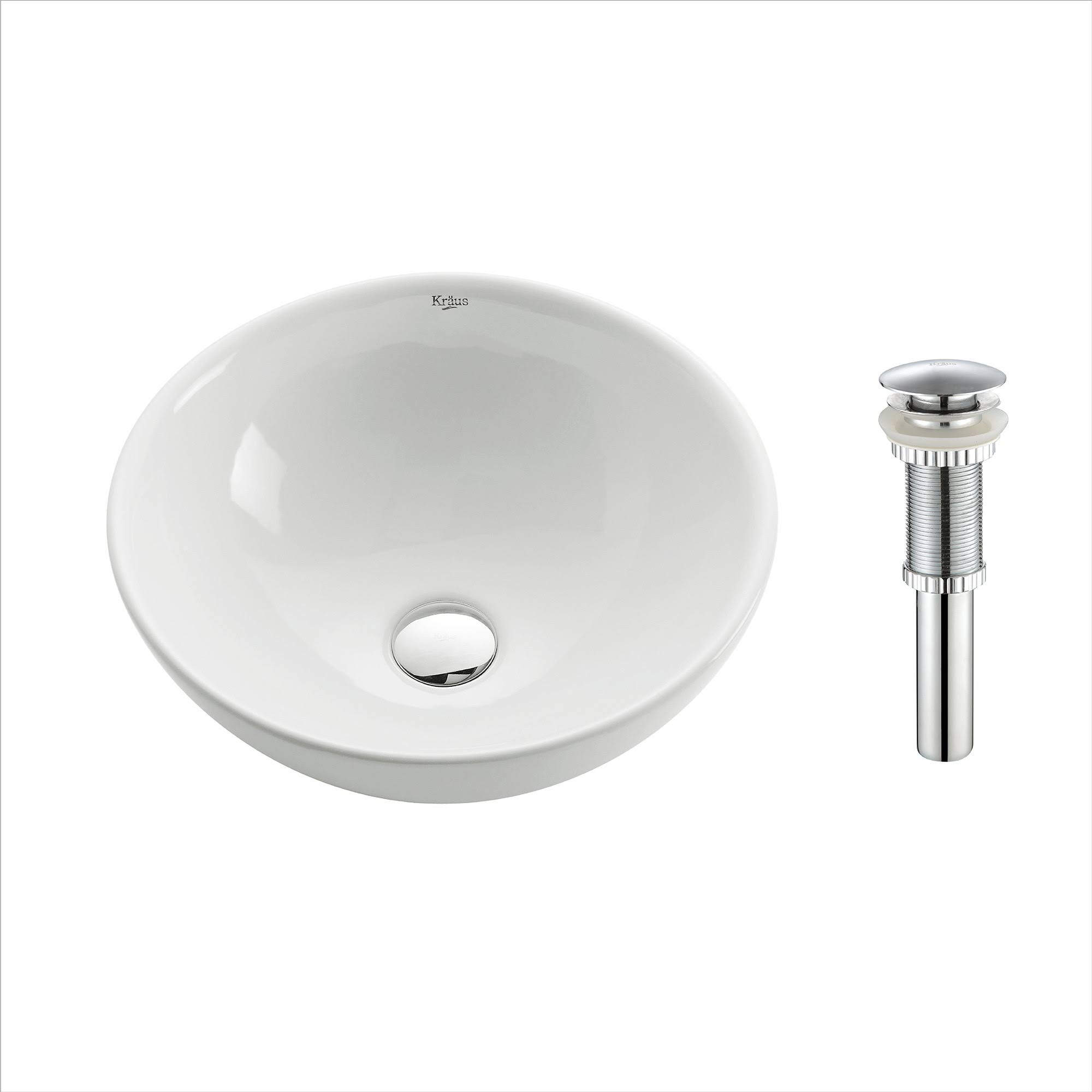 Kraus KCV-141-CH Soft Round Ceramic Vessel Bathroom Sink with Pop-Up Drain White - Chrome