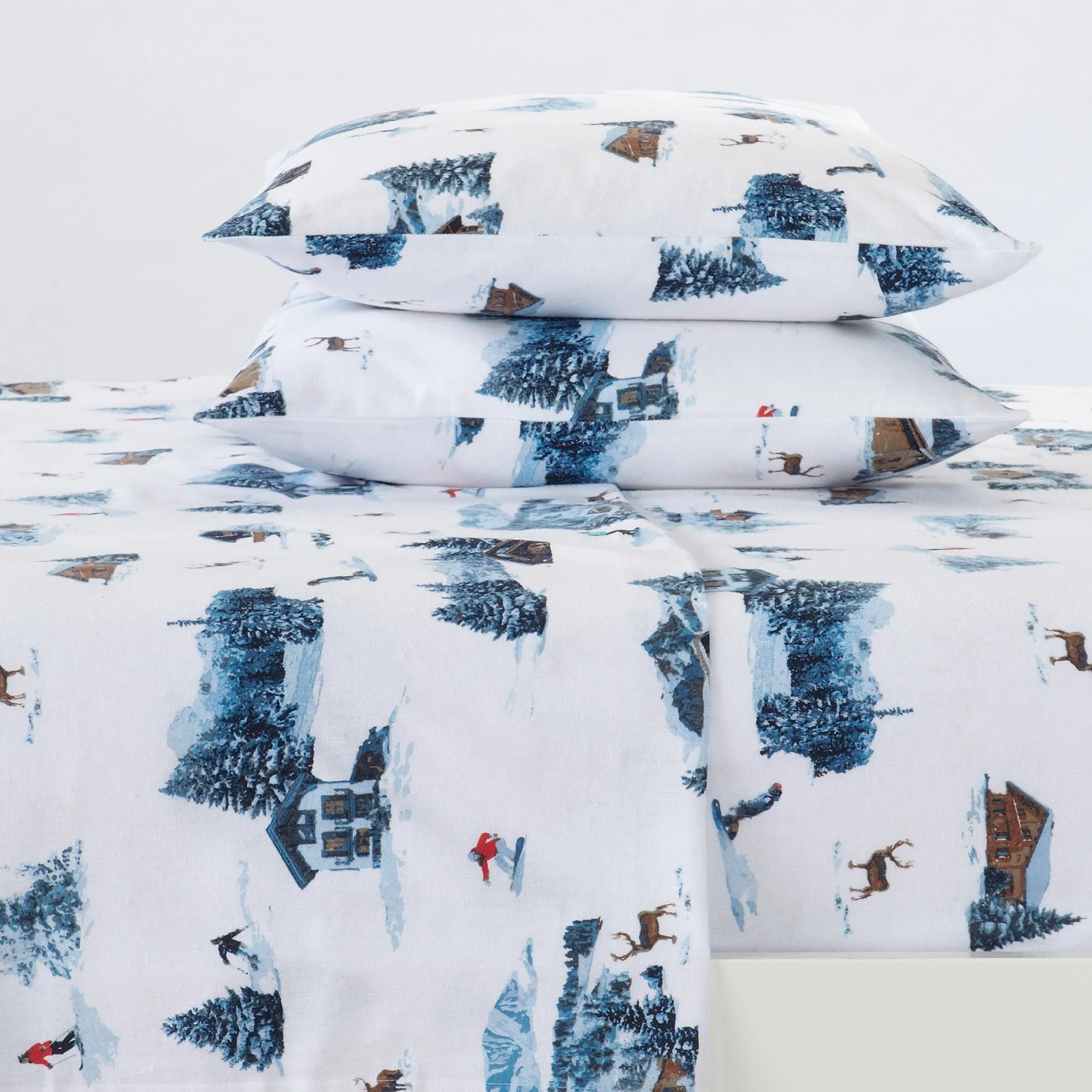 Great Bay Home 100% Cotton Flannel Lodge Printed Sheet Set King Snow Lodge