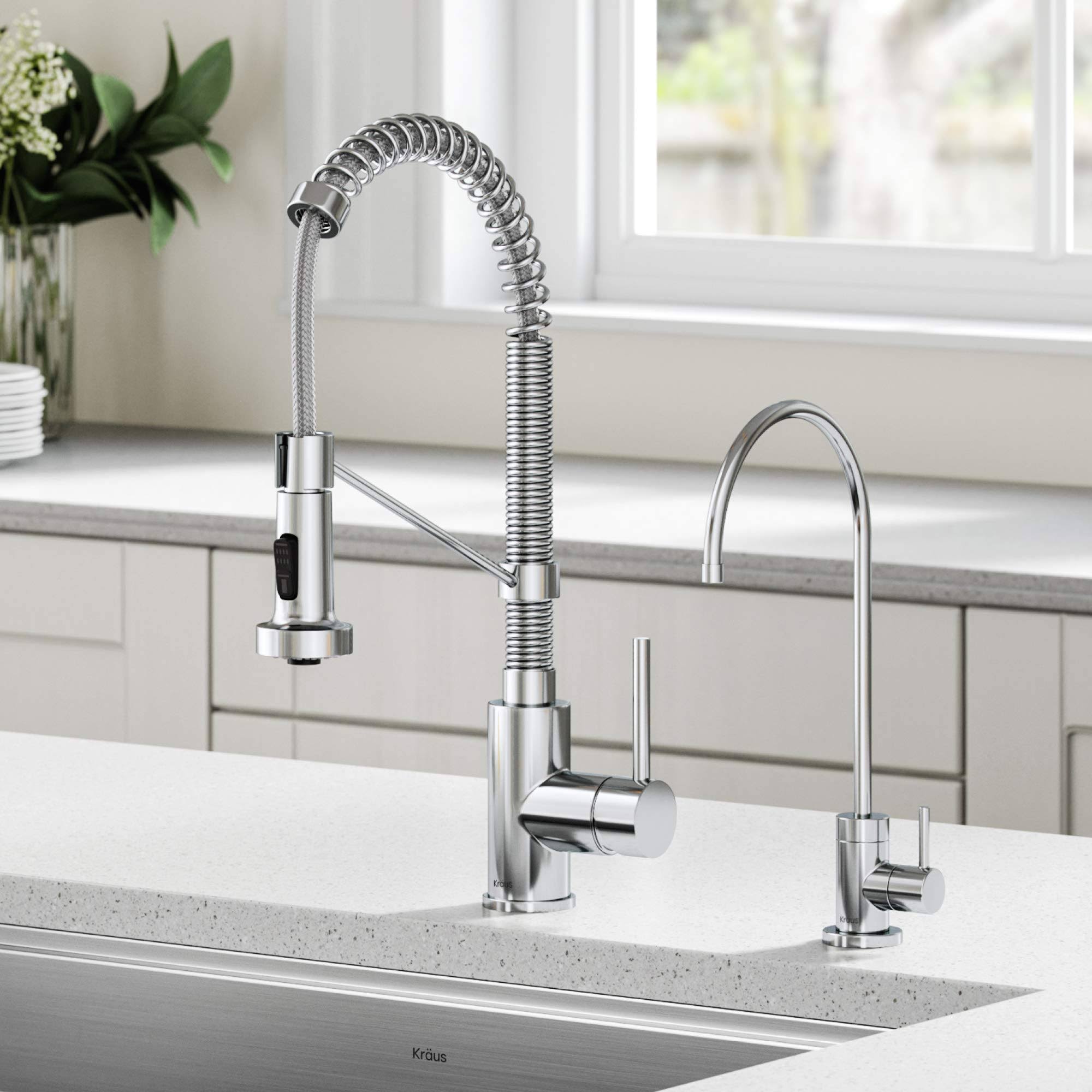 Kraus KPF-1610-FF-100CH Bolden Commercial Style Pull-Down Kitchen Faucet and Purita Water Filter Faucet Combo in Chrome
