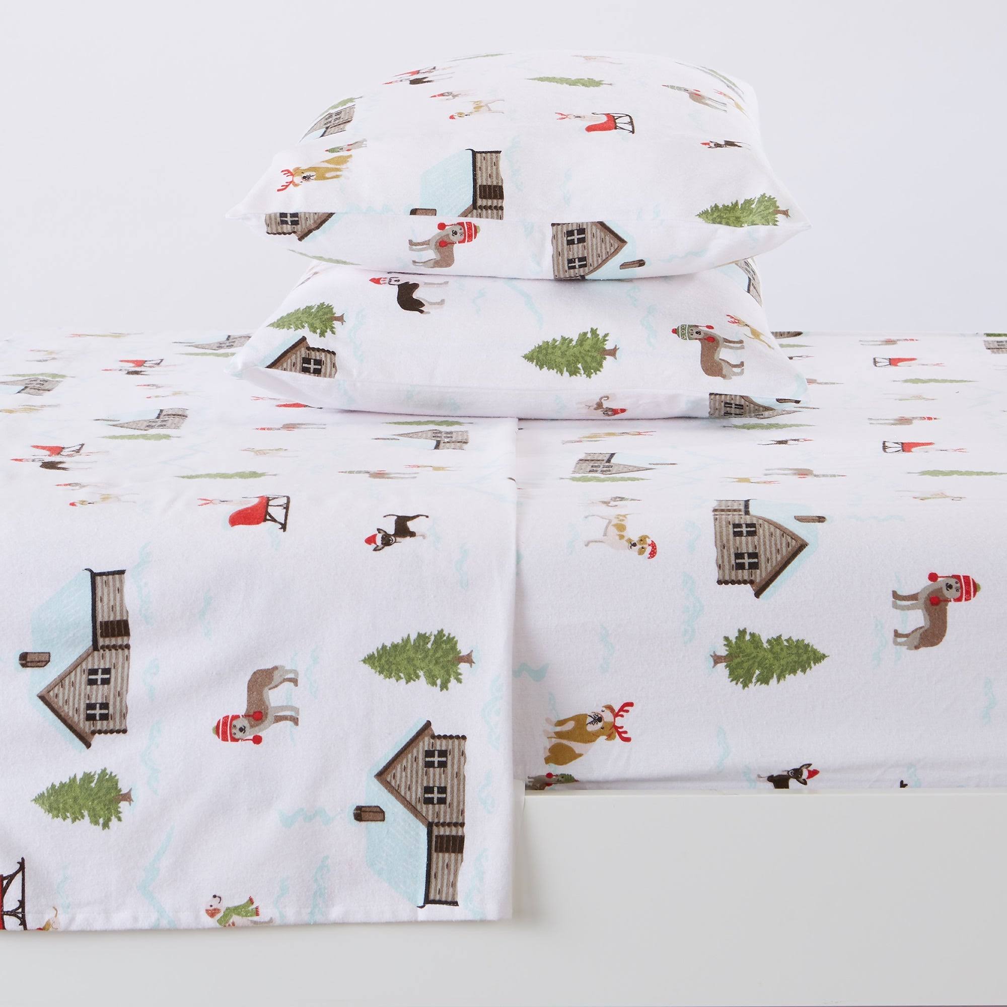 Great Bay Home 100% Cotton Flannel Holiday Printed Sheet Set Queen Winter Pups