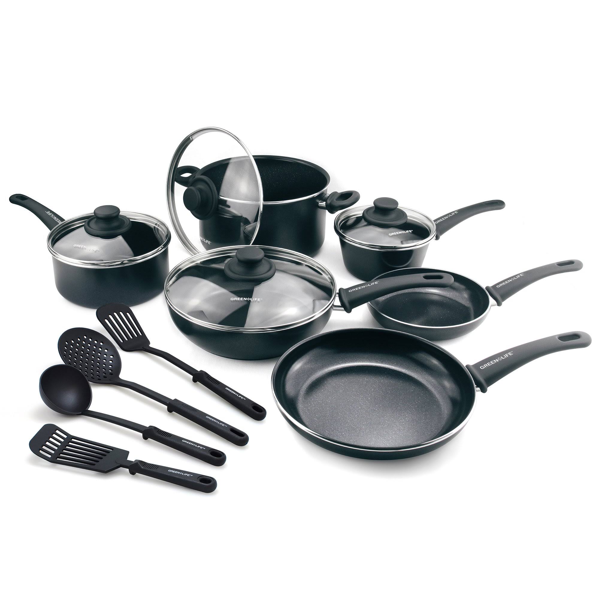 GreenLife Soft Grip Diamond Reinforced 14 Piece Ceramic Non-Stick Cookware Set, Black