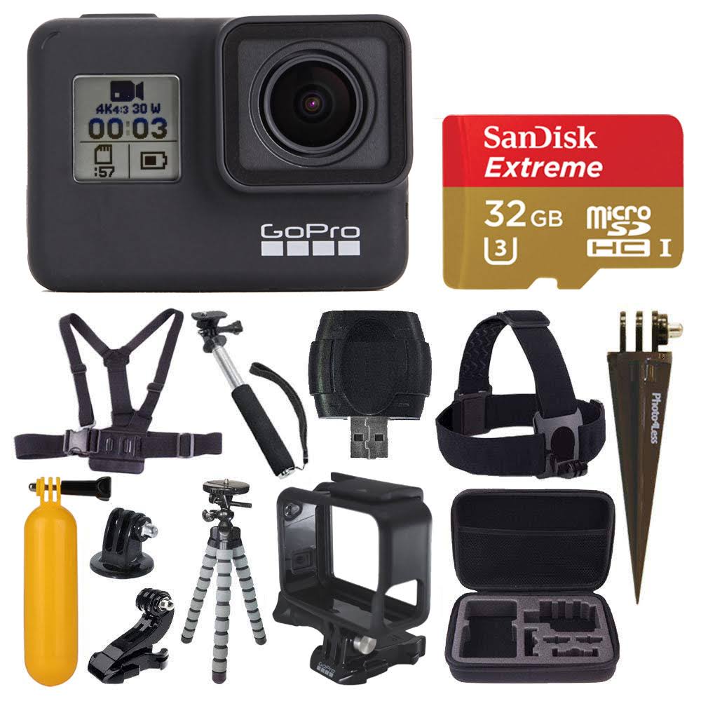 GoPro Hero7 Black Digital Action Camera with 4K HD Video 12MP Photos, SanDisk 32GB Micro SD Card, Hard Case - GoPro Hero 7 Acces