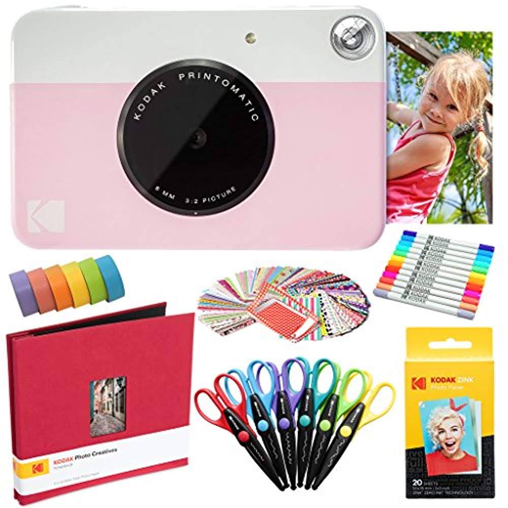 Kodak Printomatic Instant Camera (Pink) Art Bundle + Zink Paper (20 Sheets) + 8x8 Cloth Scrapbook + 12 Twin Tip Markers + 100 Bo