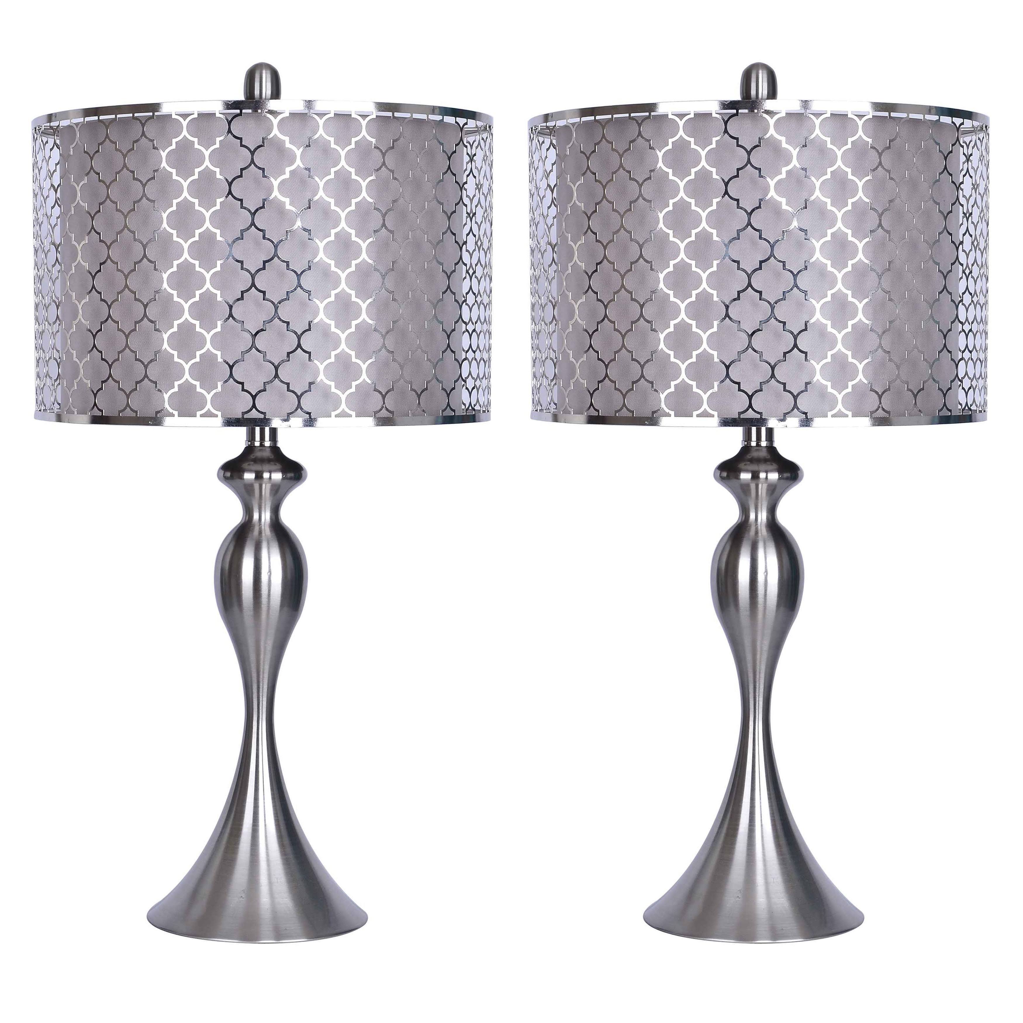 27x22 Metal Table Lamp w/ Sleek Curvy Body u0026 Metal Cut-Out Shades (Set of 2) (Brushed Nickel w/ Quatrefoil Patterened Shades