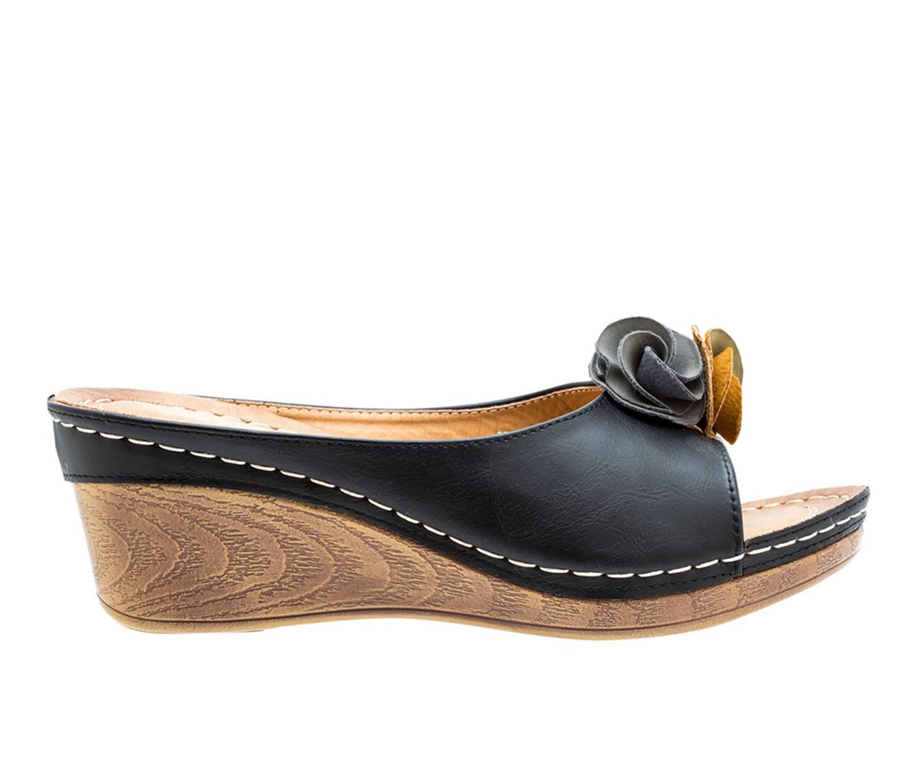 GC Shoes Women&s Sydney Rosette Slide Wedge Sandals,Black,11