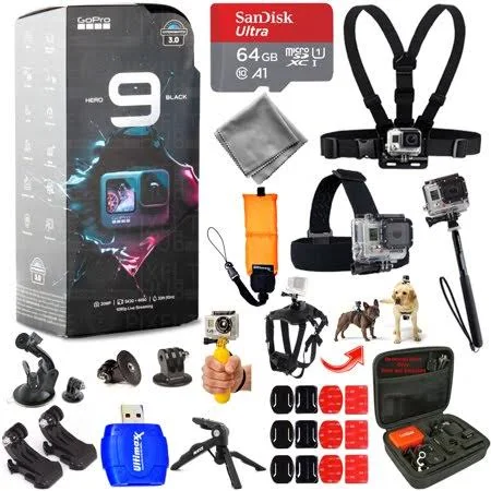 GoPro HERO9 (Black) 5K Action Camera + 64GB + Chest and Head Strap Bundle, Size: 3XL