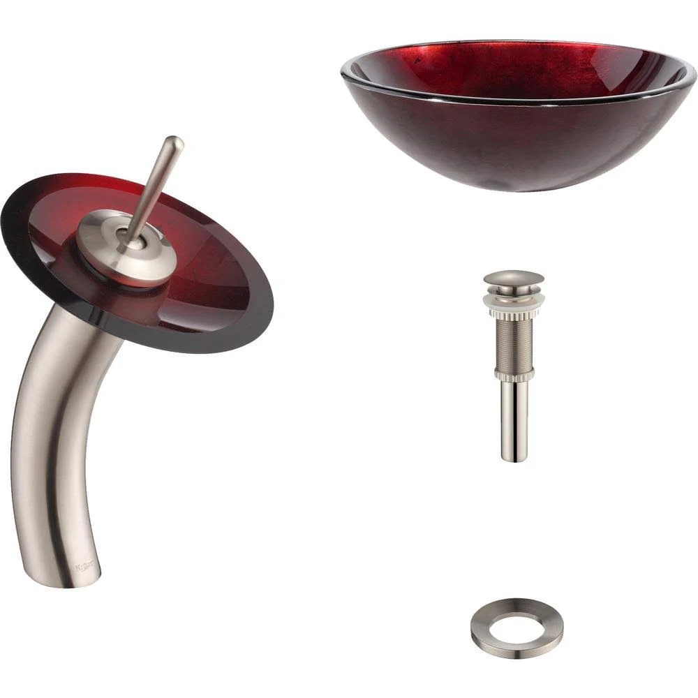 Kraus C-GV-200-12mm-10SN Irruption Red Glass Vessel Sink and Waterfall Faucet Satin Nickel