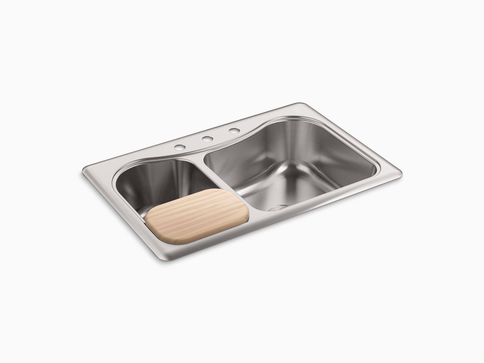 Kohler K-3361-4-NA Stainless Steel Staccato 33 inch x 22 inch Top-Mount large/medium Double-Bowl Kitchen Sink with 4 Faucet Hole