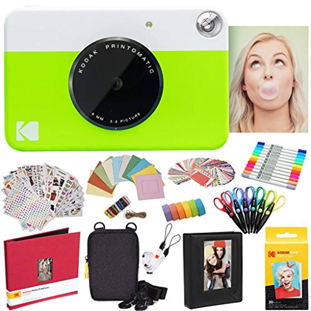 Kodak Printomatic Instant Camera (Green) Zink Paper (20 Sheets) + Case + Photo Album + 7 Sticker Sets + Markers + Scissors
