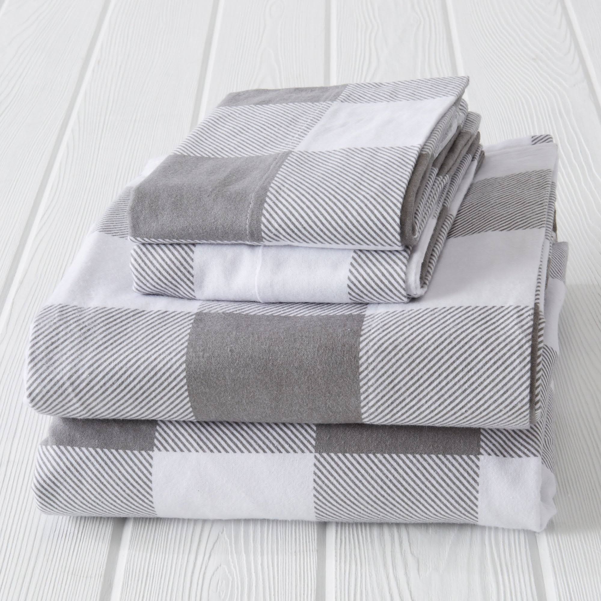 Great Bay Home 100% Cotton Flannel Buffalo Check Sheet Set Full Grey
