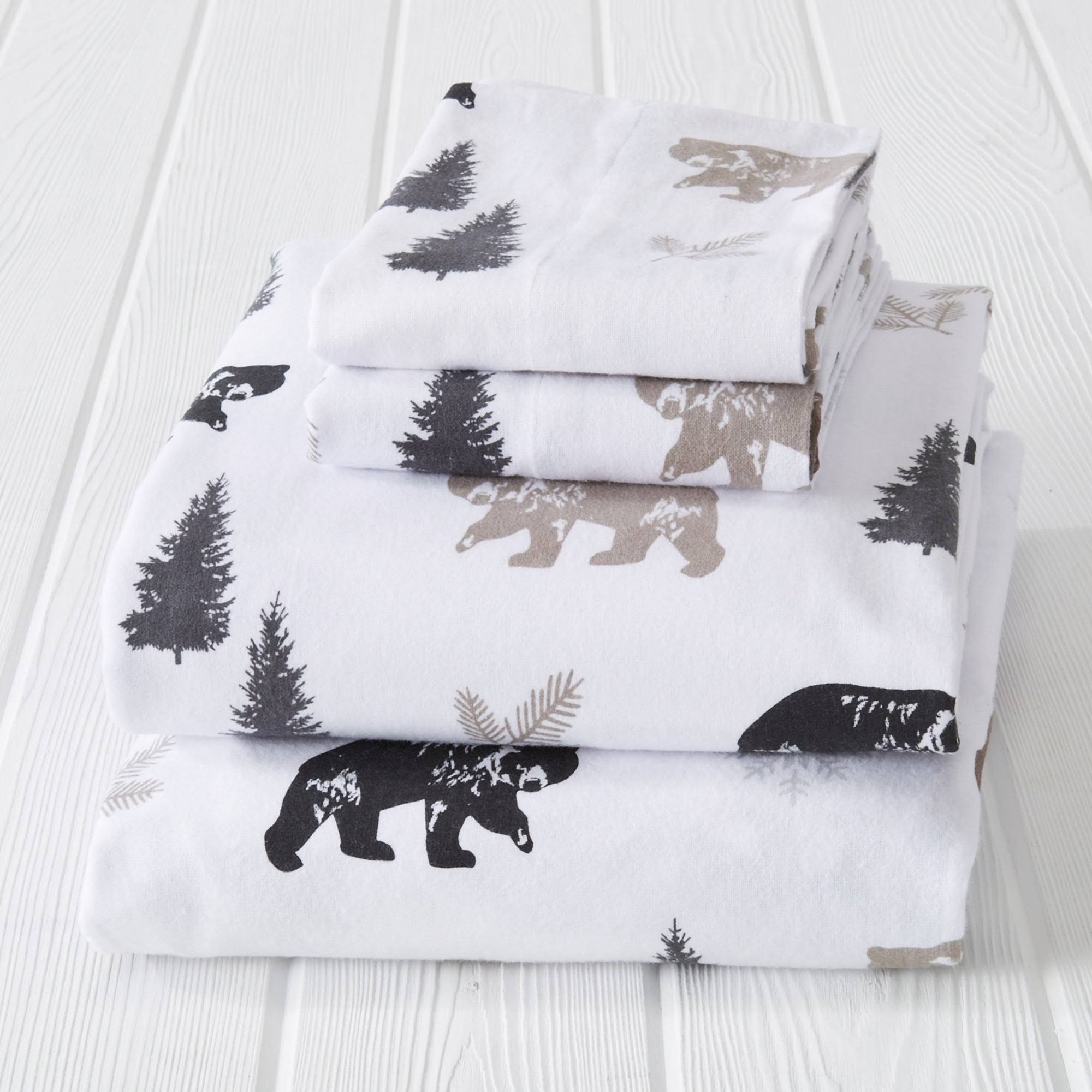 Great Bay Home 100% Cotton Flannel Lodge Printed Sheet Set Queen Rustic Bear