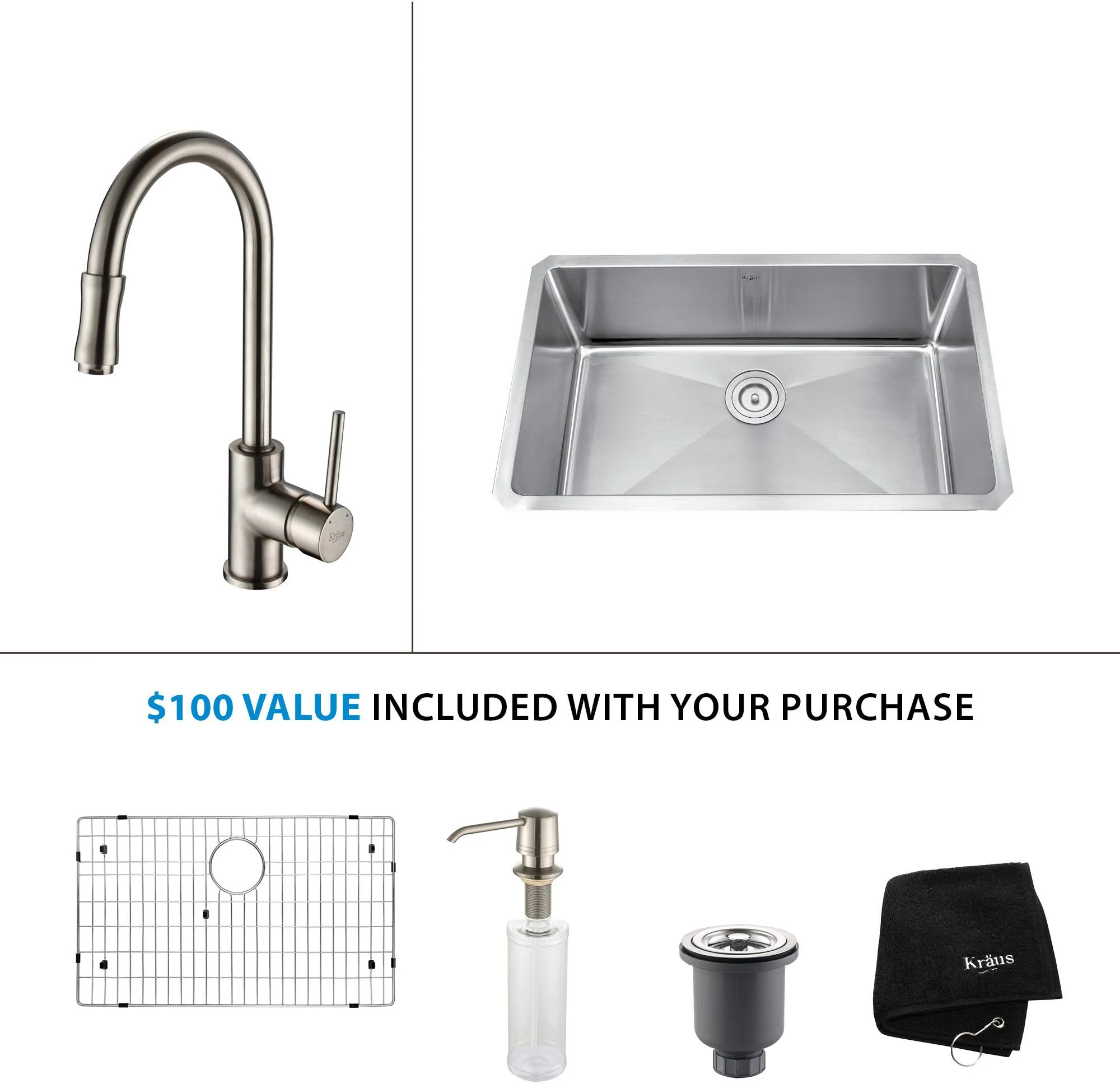 Kraus 30x22 Stainless Steel Undermount Single Bowl Kitchen Sink w/ Faucet - Satin Nickel