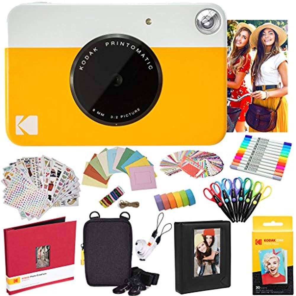 Kodak Printomatic Instant Camera (Yellow) Zink Paper (20 Sheets) + Case + Photo Album + 7 Sticker Sets + Markers + Scissors