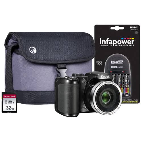 Kodak Pixpro AZ252 Astro 16MP 25x Zoom Bridge Camera 4X AA Batteries 32GB SD Card Case u0026 Charger - Black