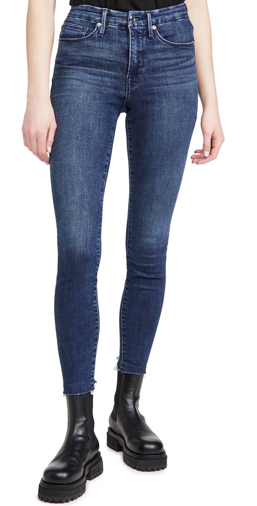 Good American Women&s Good Legs w/ Raw Chewed Hem High Waisted Skinny Jeans in Blue653 Size 00