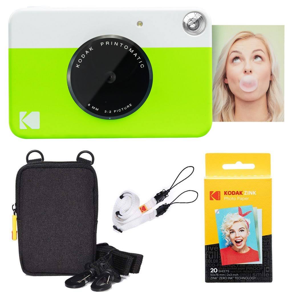 Kodak Printomatic Instant Camera (Green) Basic Bundle + Zink Paper (20 Sheets) + Deluxe Case + Comfortable Neck Strap