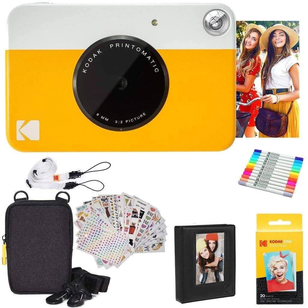 Kodak Printomatic Instant Camera Yellow Gift Bundle + Zink Paper 20 Sheets + Deluxe Case + 7 Fun Sticker Sets + Twin Tip Markers