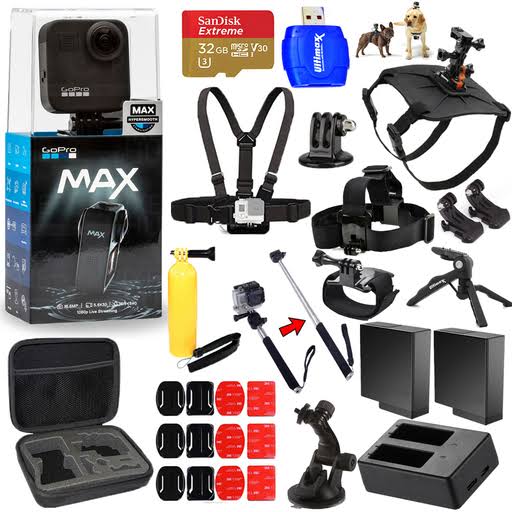 GoPro Max 360 Waterproof Action Camera + 32GB + Chest and Head Strap Bundle, Black