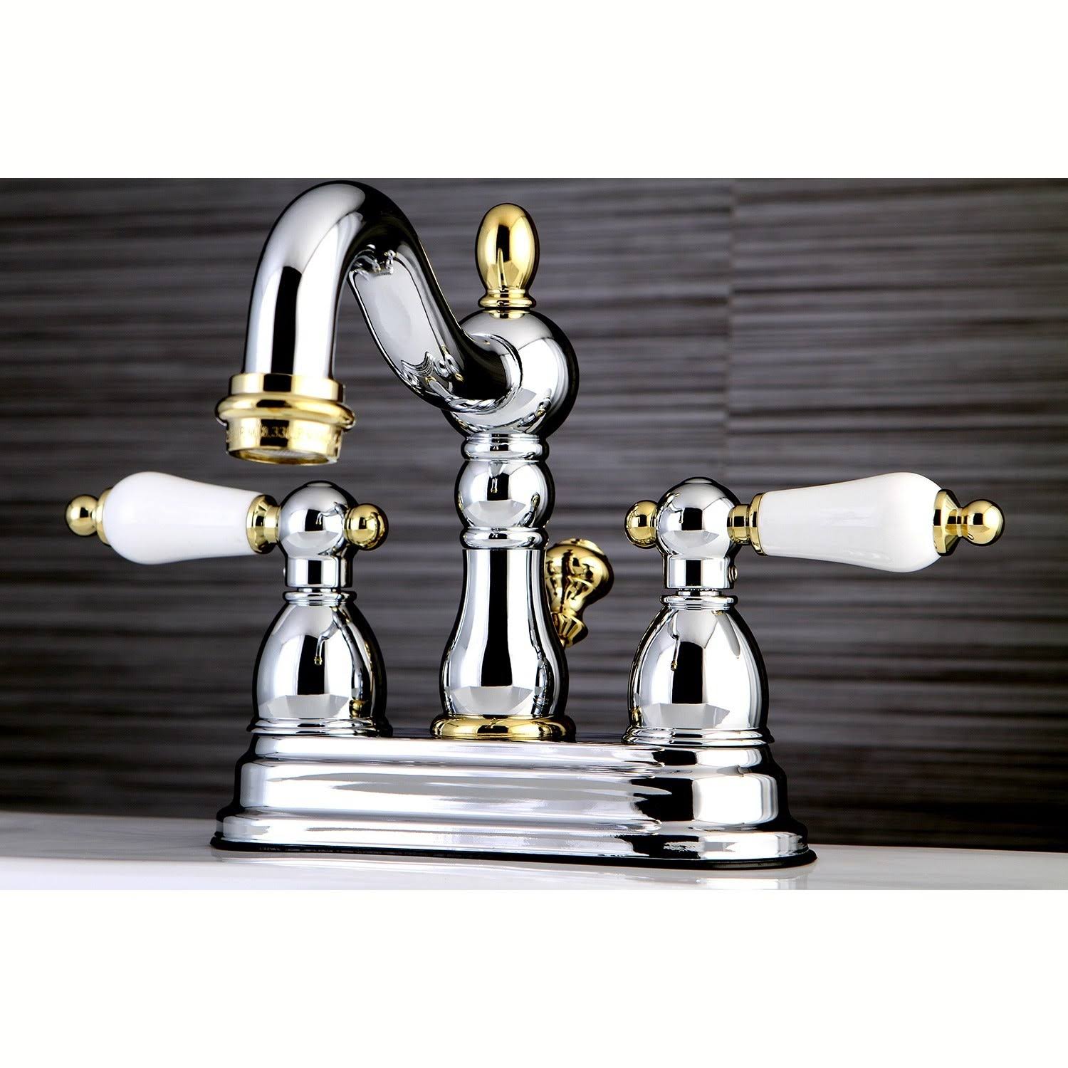 Kingston Brass Victorian High Spout Chrome/ Polished Brass Bathroom Faucet, Size: Pocelain Lever