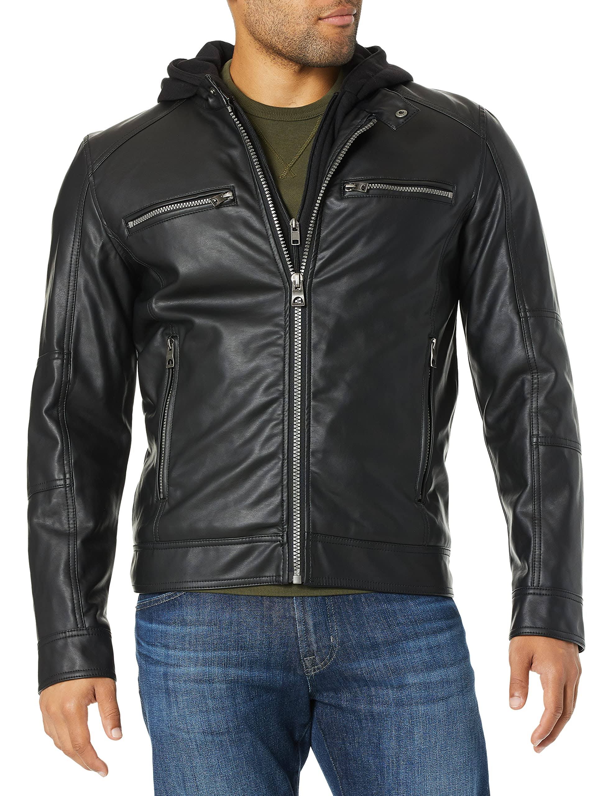 Guess Men&s Faux-Leather Detachable-Hood Motorcycle Jacket - Black