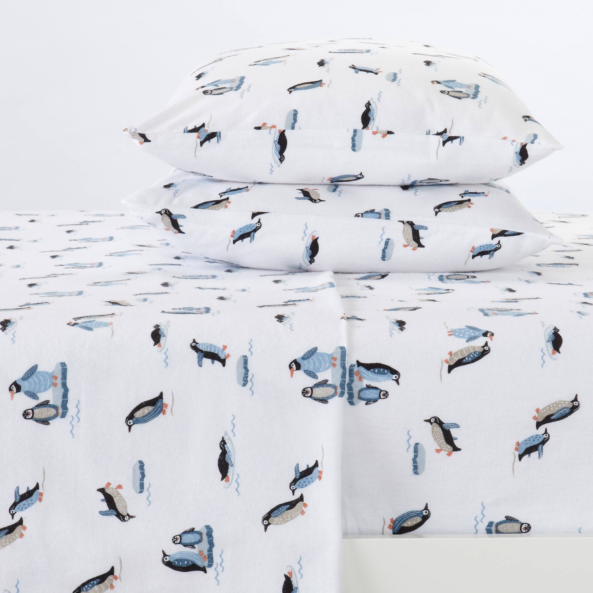 Great Bay Home 100% Cotton Flannel Lodge Printed Sheet Set Queen Penguins Jumping