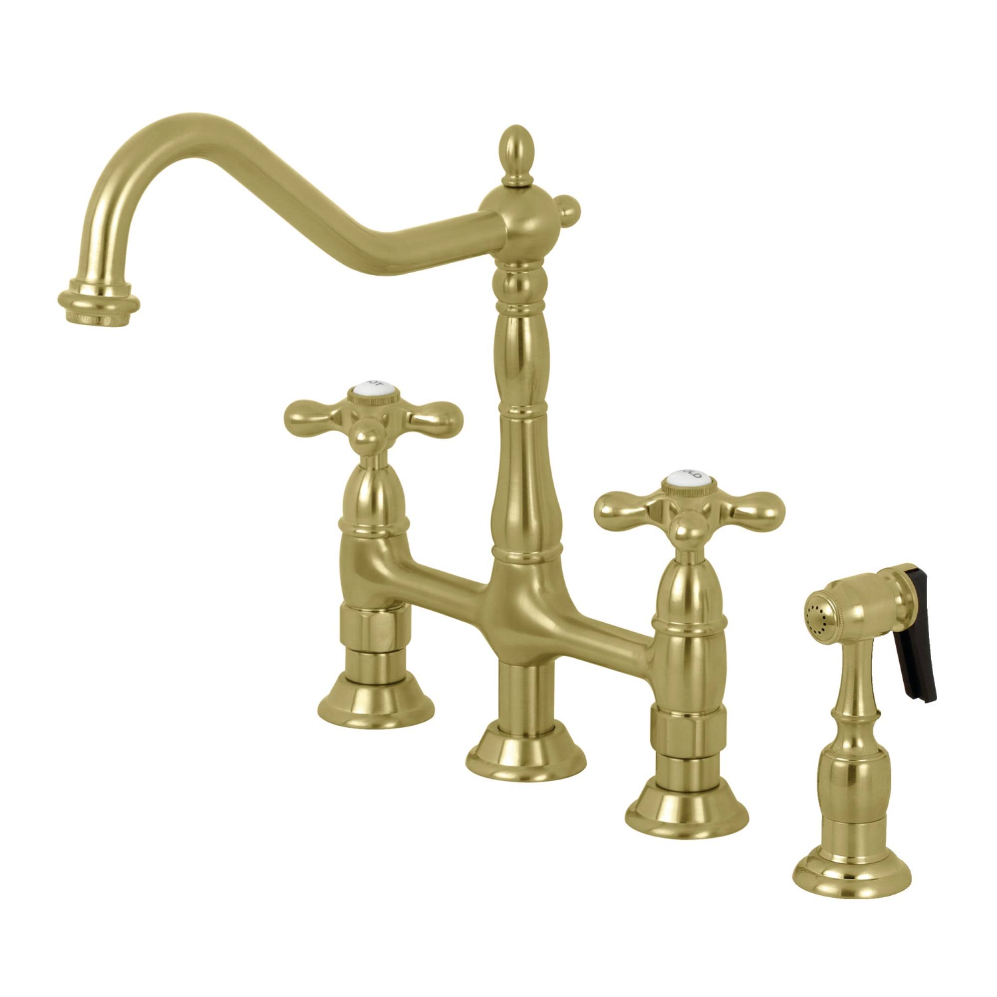 Kingston Brass Ks1277axbs Heritage Bridge Kitchen Faucet with Brass Sprayer, Brushed Brass