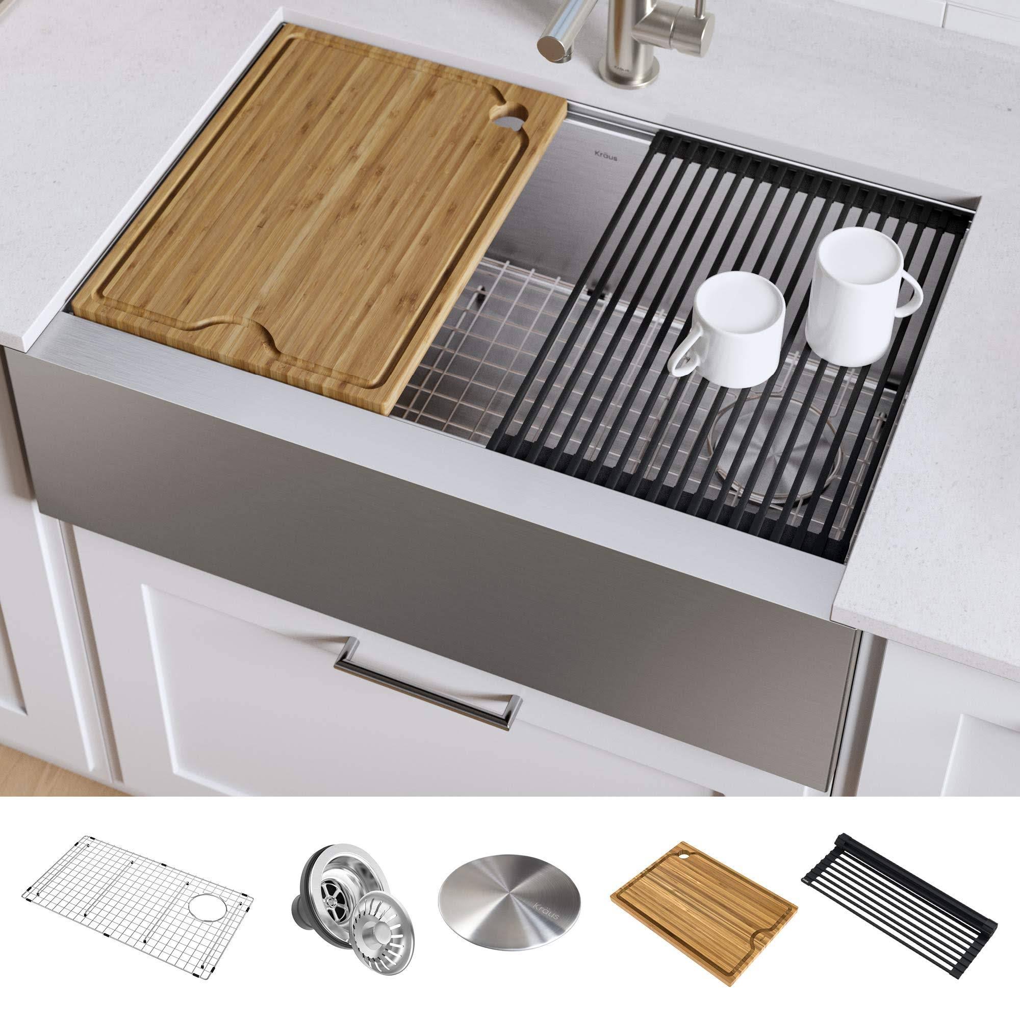 Kraus KWF410-33 Kore Workstation 33-inch Farmhouse Flat Apron Front 16 Gauge Single Bowl Stainless Steel Kitchen Sink with INTEG