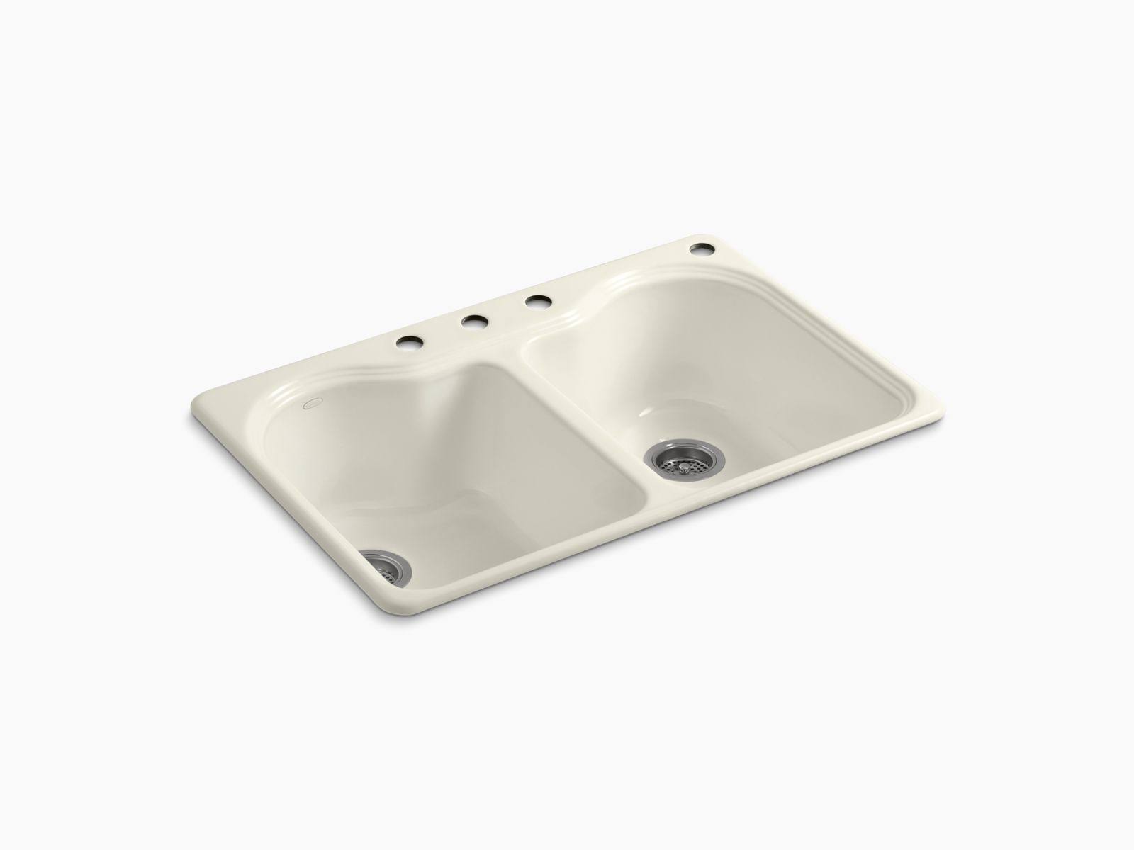 KOHLER K-5818-4-96 Hartland Top-Mount Double-Equal Kitchen Sink with 4 Faucet Holes, Biscuit