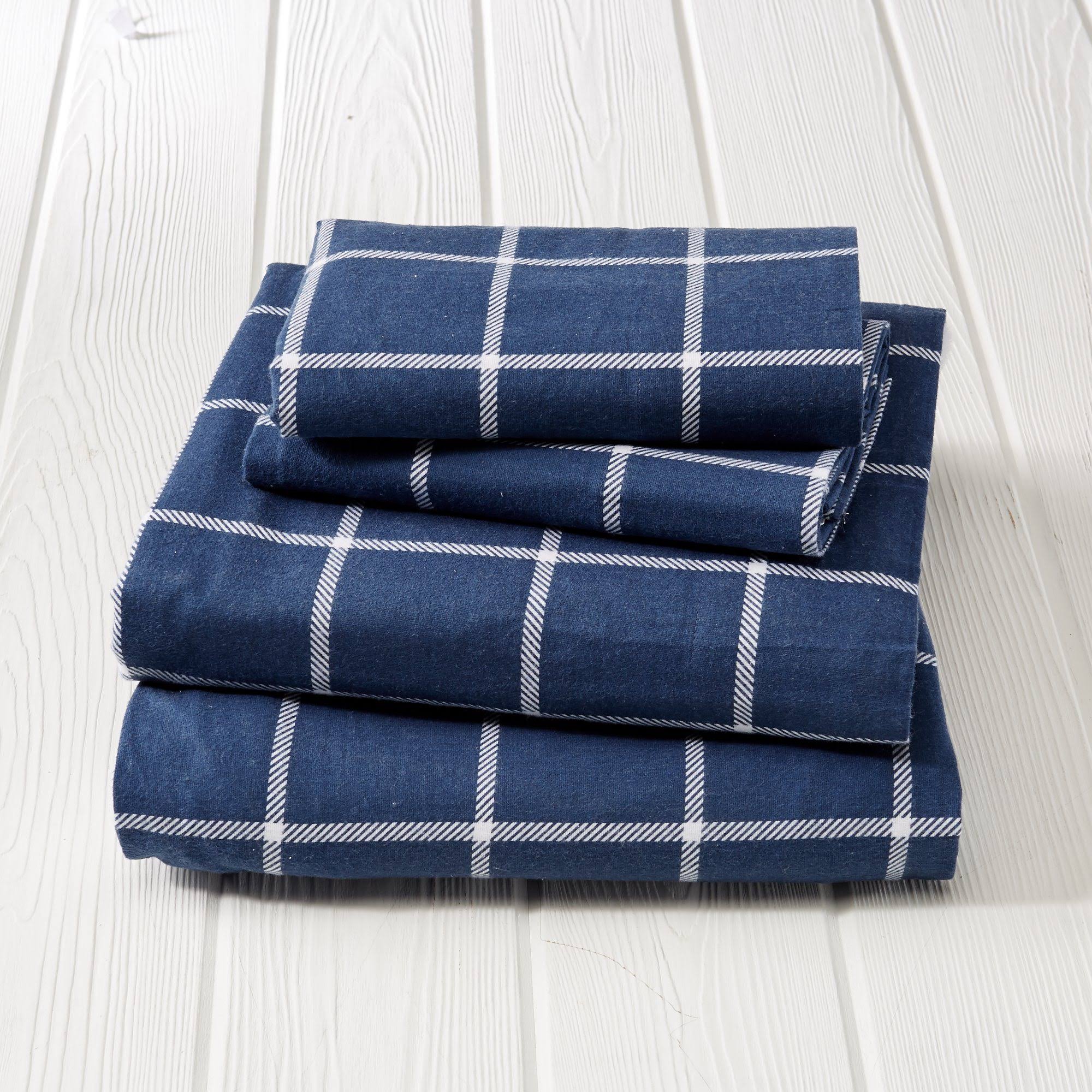 Great Bay Home 100% Cotton Flannel Windowpane Sheet Set Cal King Navy / White