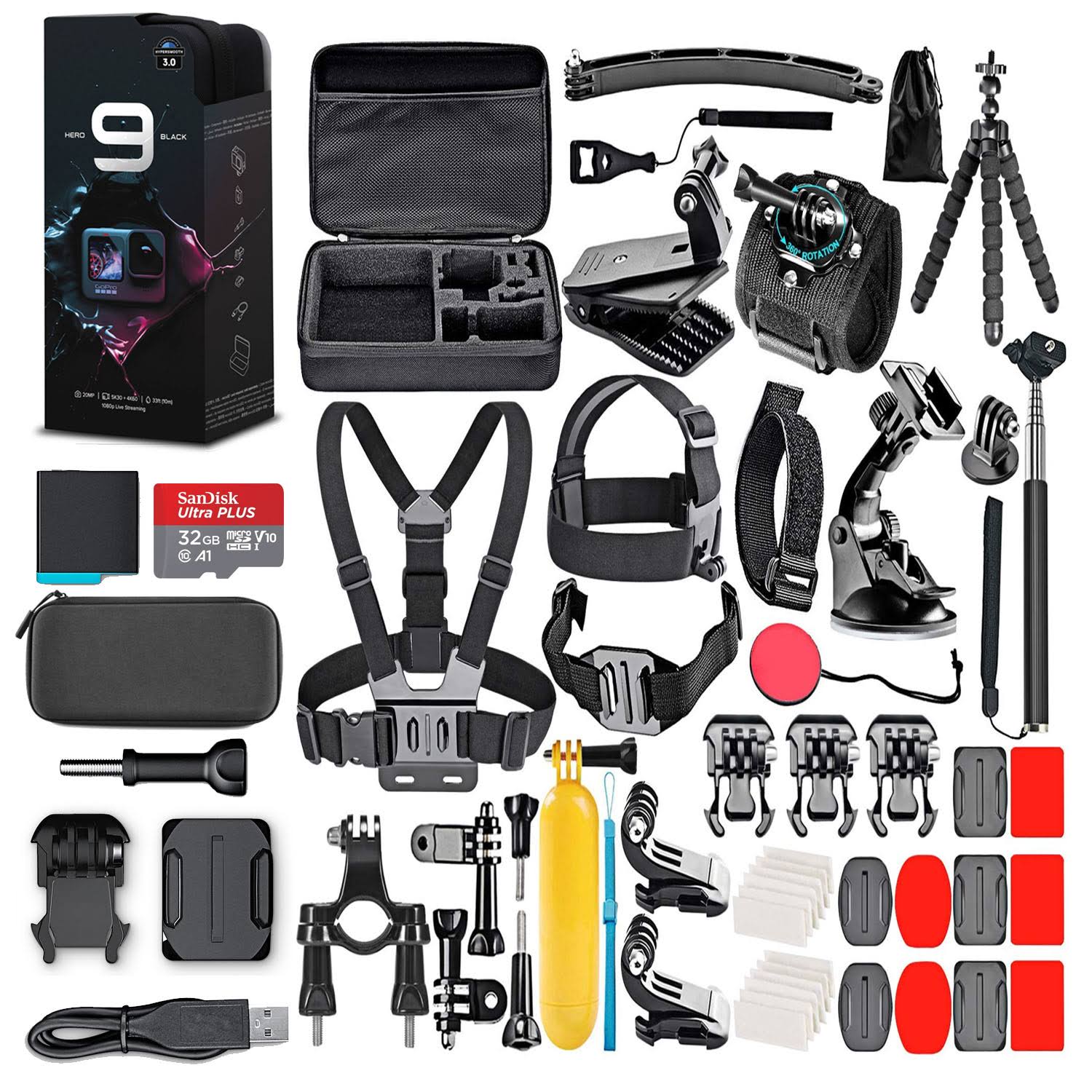 GoPro HERO9 Black with 32GB Card u0026 50 Piece Accessory Kit - Loaded Bundle