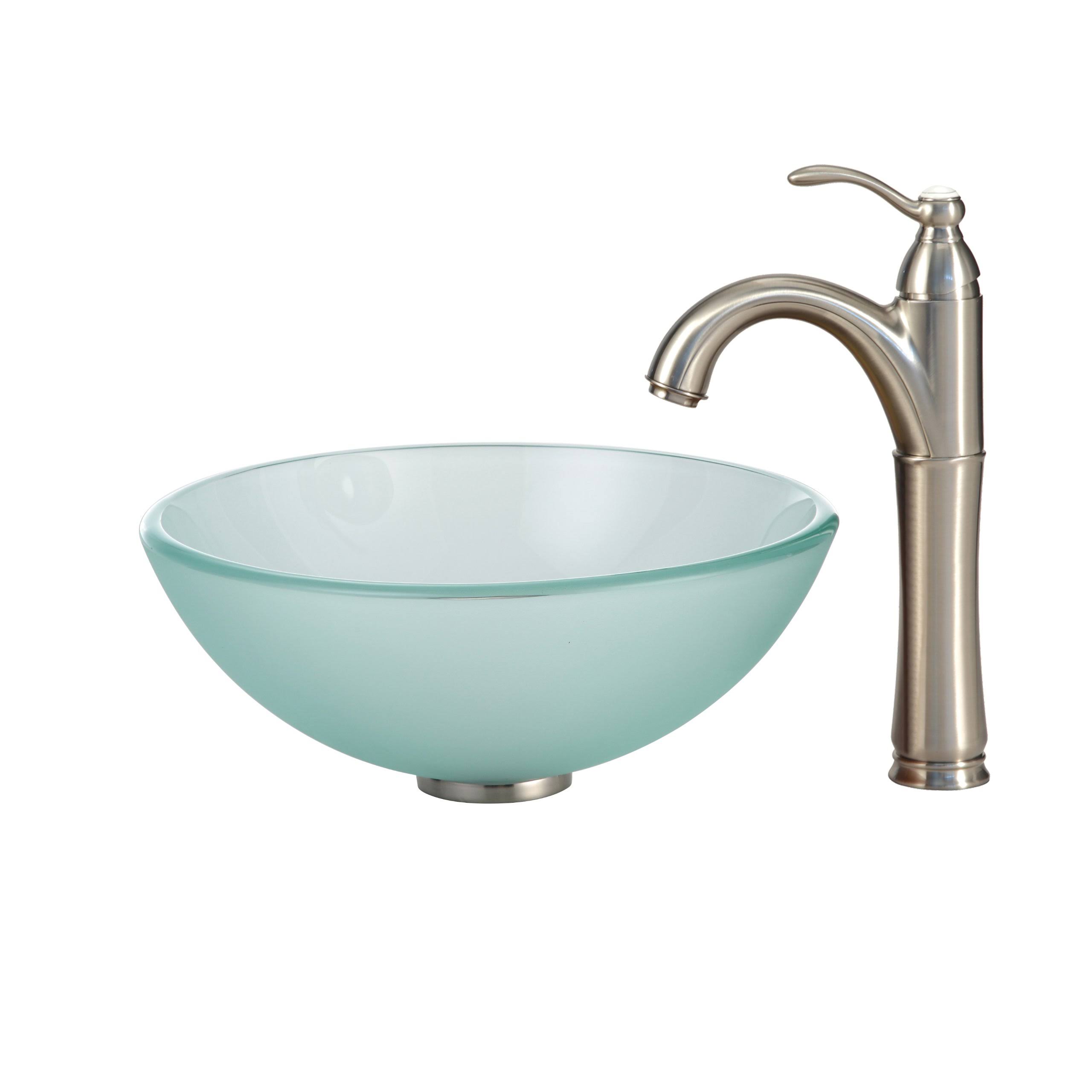 Kraus C-GV-101FR-14-12mm-1005SN Frosted 14x22 Glass Vessel Sink and Riviera Faucet Satin Nickel