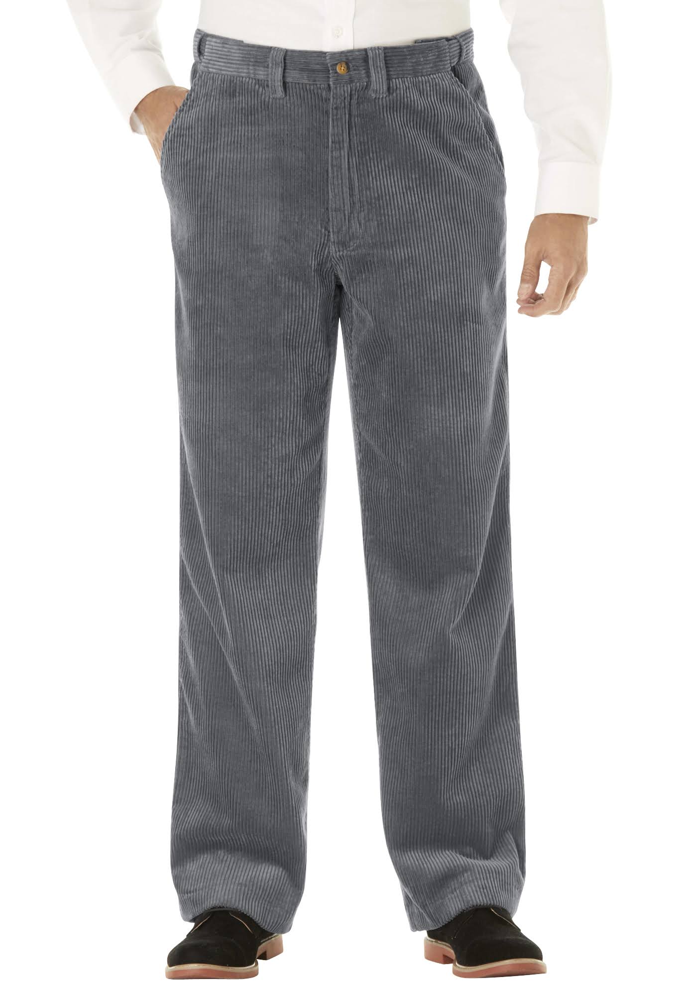 Men's Big & Tall Kingsize Six-Wale Corduroy Plain Front Pants in Steel (Size 56 38) Cotton