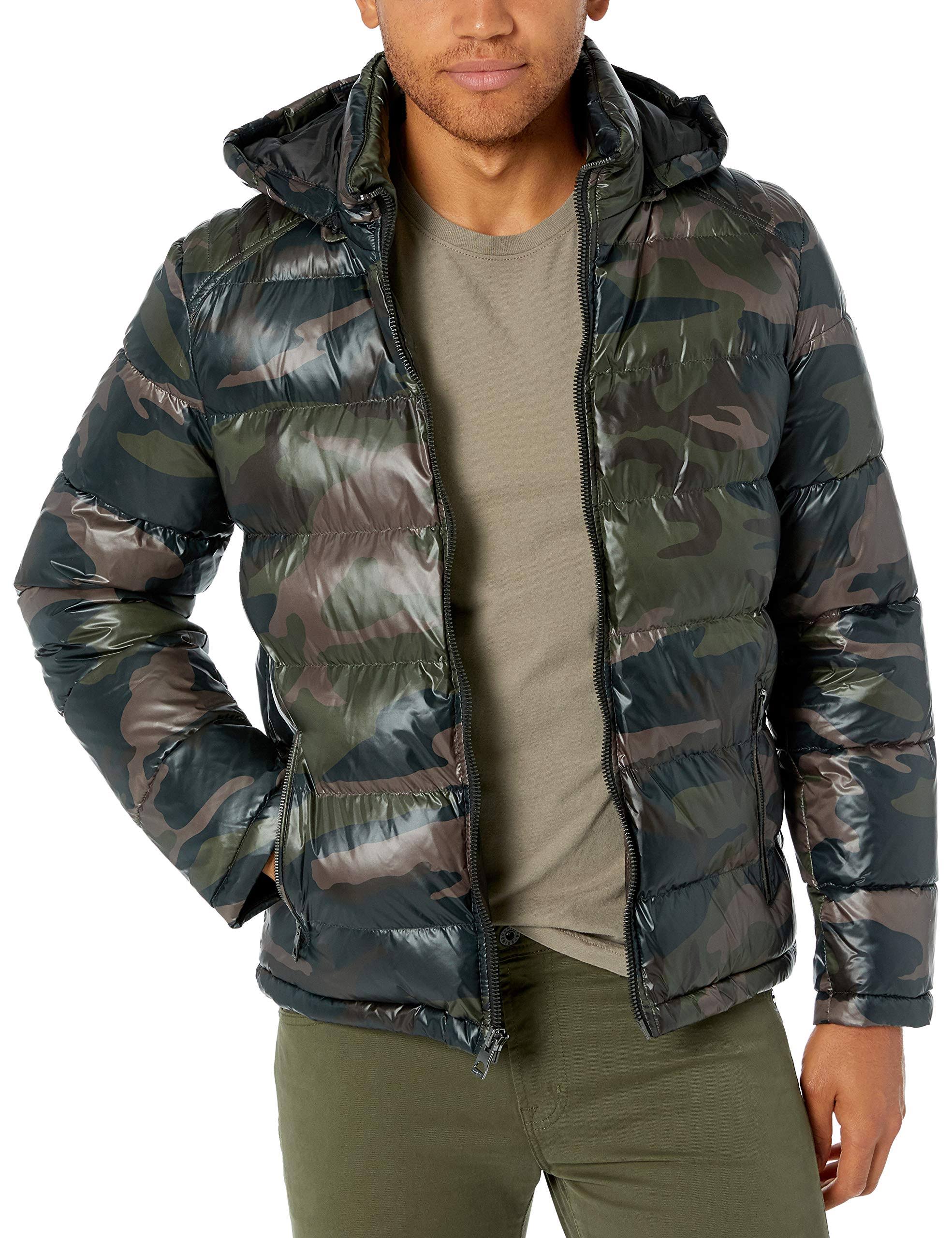 Guess Men&s Hooded Puffer Coat - Camo Olive