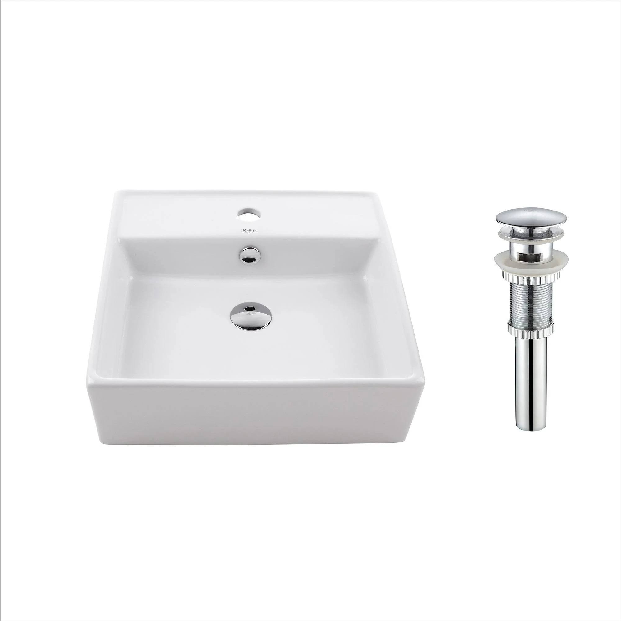 Kraus KCV-150-CH Square Ceramic Vessel Bathroom Sink with Overflow White u0026 Pop-Up Drain Chrome