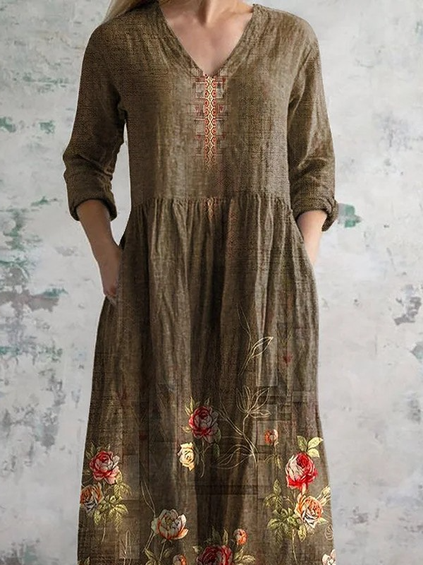 Women's Vintage Lovely Floral Art Print Pocket Cotton Dress