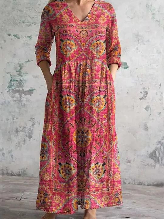 Women's Vintage Floral Art Print Pocket Cotton Dress