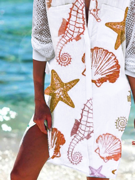 Casual Marine Life Natural Loose Shirt Dress