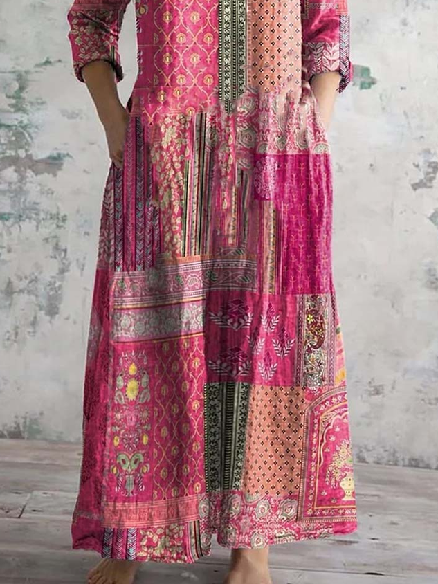 Women's V-Neck Art Geometric Floral Dress with Pockets