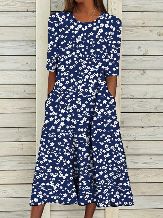 Women's Short Sleeve Summer Purplish blue Floral Printing Crew Neck Daily Going Out Casual Maxi H-Line Shift Dress Dress