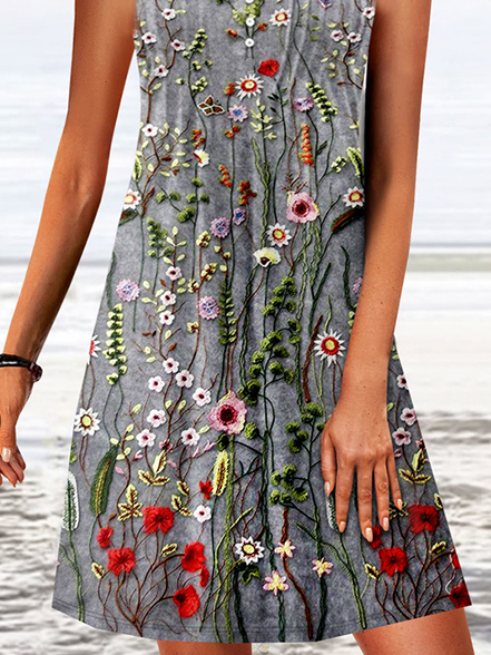 Notched Casual Floral Printed Buckle Dress