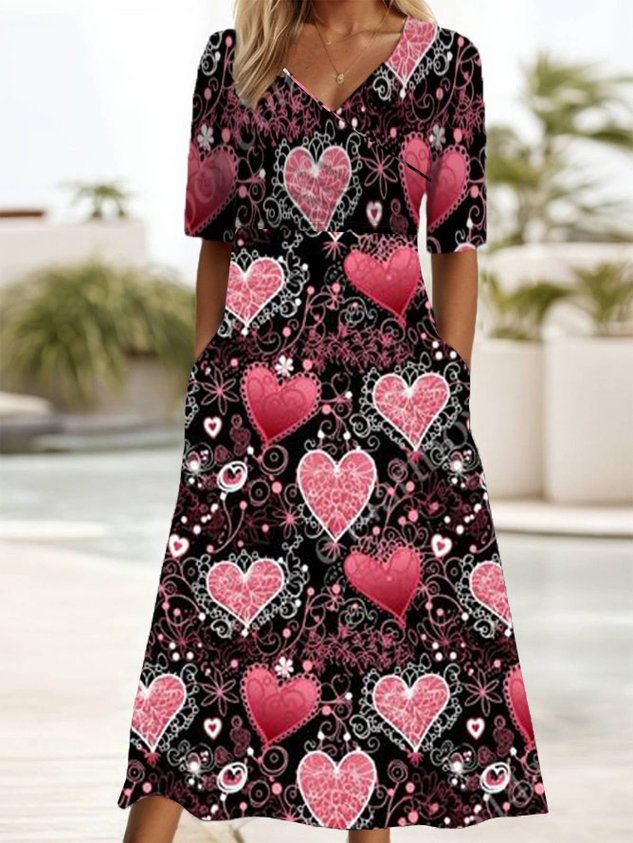 Heart Print Short Sleeve Round Neck Dress