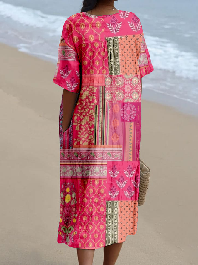 Cotton-Blend Multicolor Block Casual Dress With No