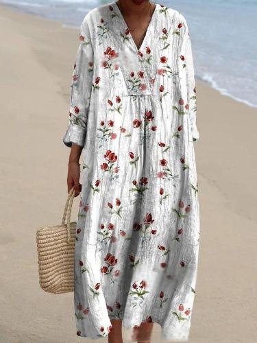 Women's V Neck Vintage Floral Art Print Loose Dress
