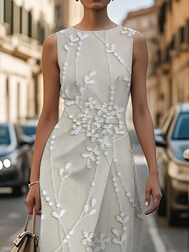 Women's Sleeveless Summer Off White Floral Printing Crew Neck Daily Going Out Vintage Maxi H-Line Shift Dress Dress