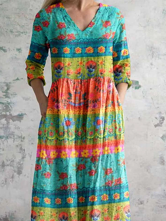 Women's Vintage Lovely Floral Art Print Pocket Cotton Dress